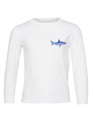 white long sleeve with shark logo on front
