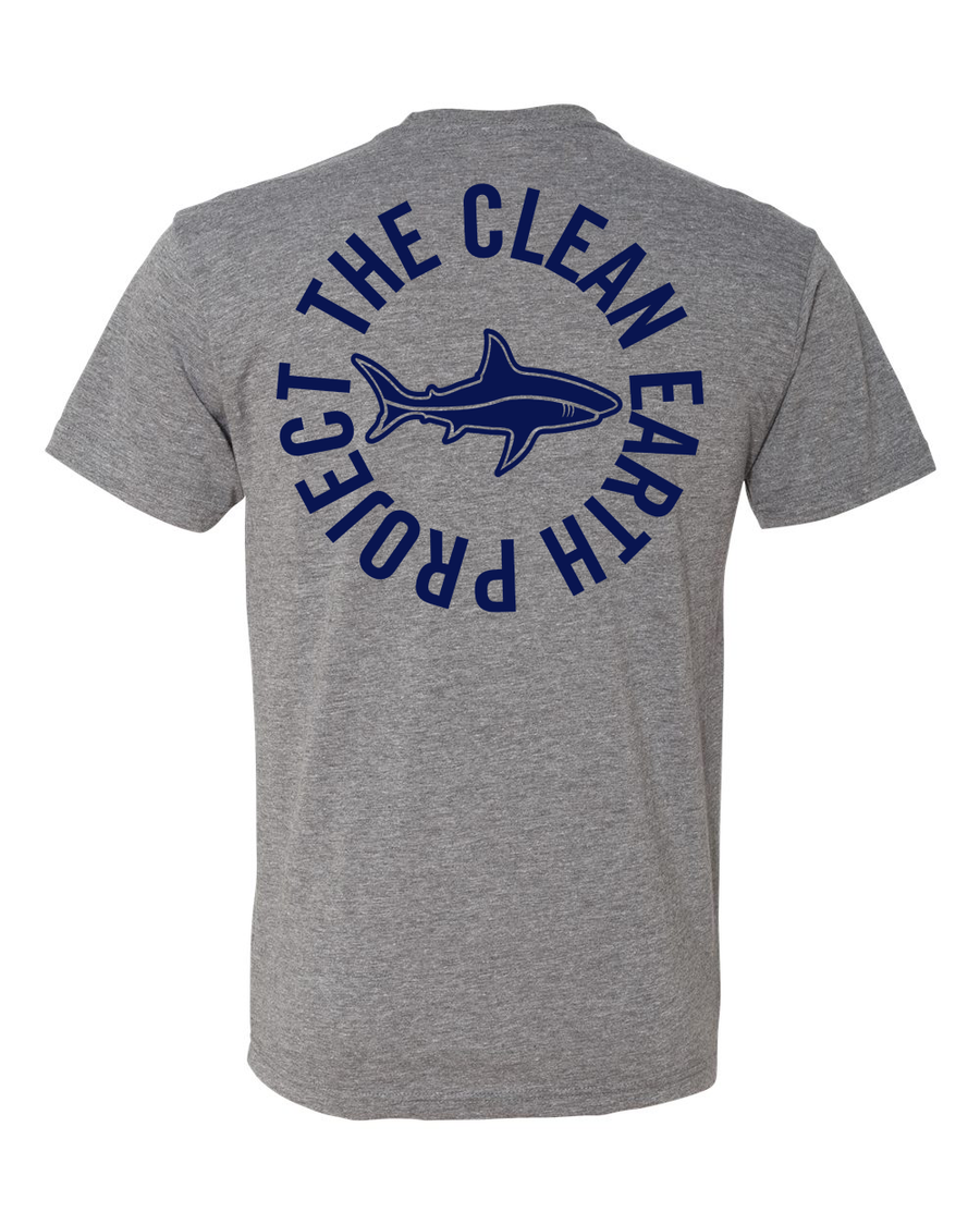 grey t shirt with shark logo on front