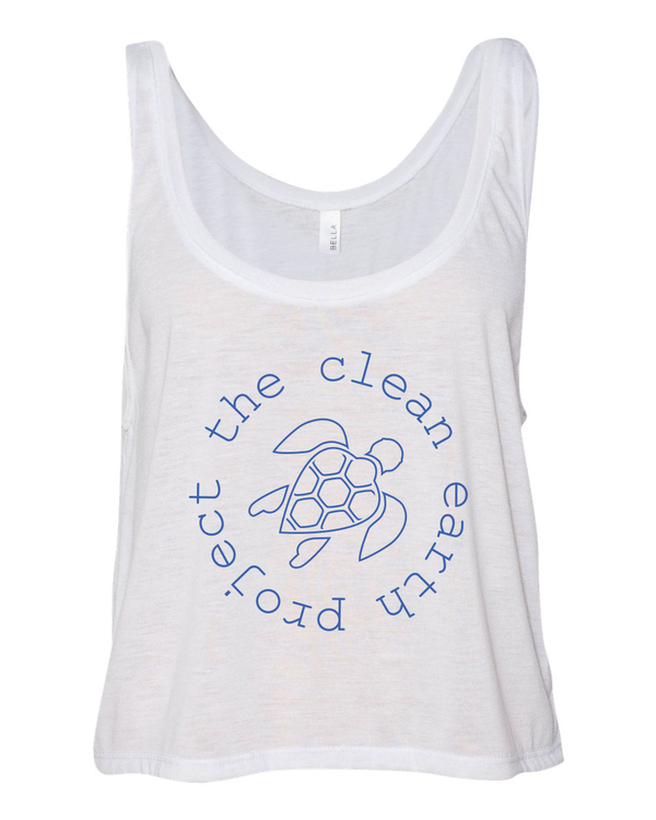 white tank top with blue turtle logo