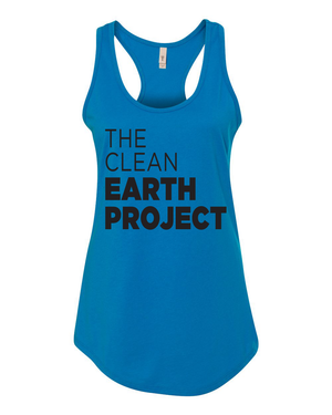 turquoise tank top with the clean earth project logo on front