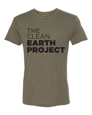 army green tshirt with the clean earth project logo on front