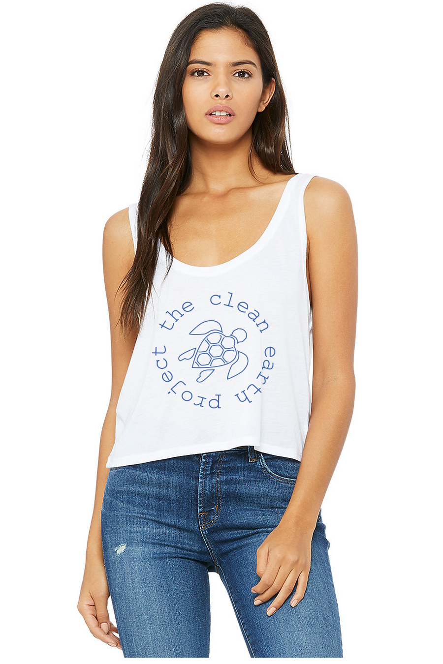 white tank top with blue turtle logo