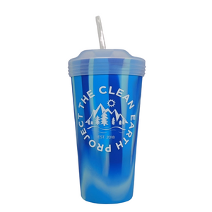 22oz blue reusable cup with logo with straw