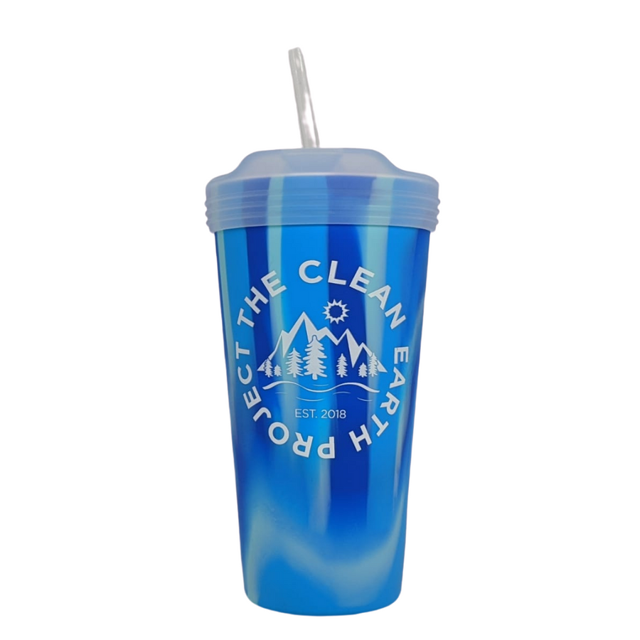 22oz blue reusable cup with logo
