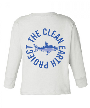 white long sleeve shark shirt with logo on back