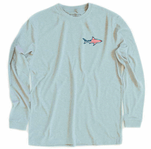 cooler blue long sleeve recycled shirt. american flag shark on front 