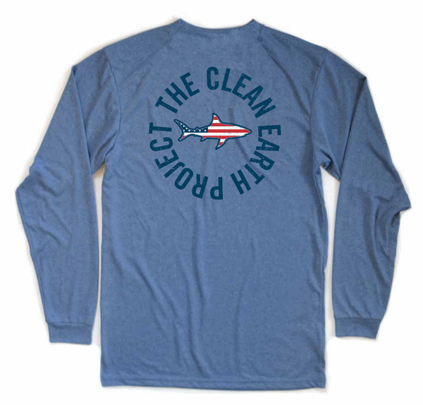 100% Recycled water bottles American Flag Shark Sport Long Sleeve heather blue