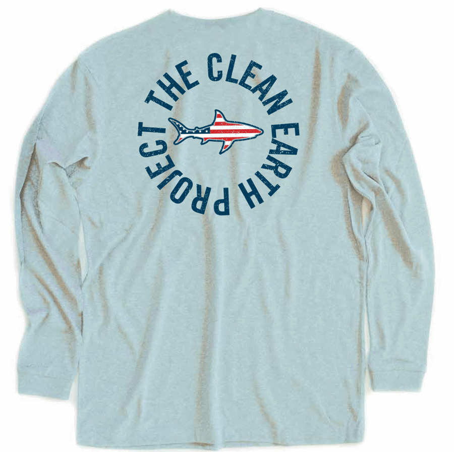 cooler blue long sleeve recycled shirt. american flag shark on front 