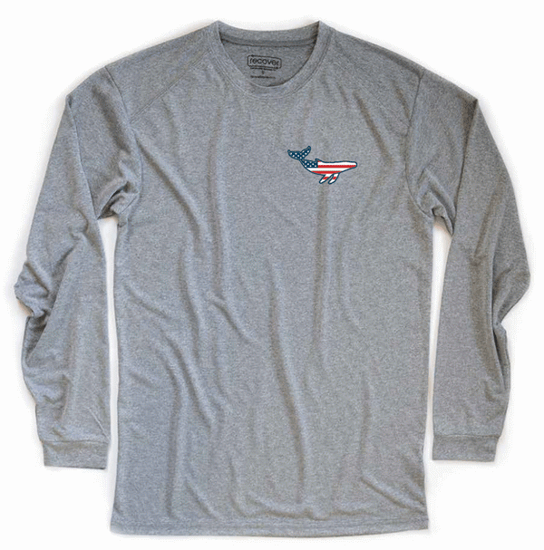 100% Recycled water bottles American Flag Long Sleeve whale heather grey front
