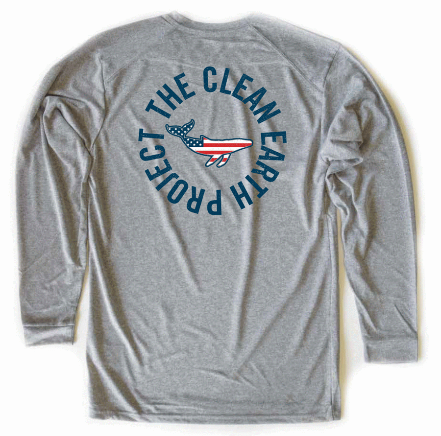 100% Recycled water bottles American Flag Long Sleeve whale heather grey front