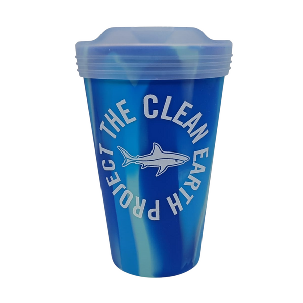 16oz blue reusable cup shark logo