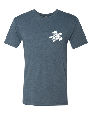 heather indigo tshirt with white turtle logo