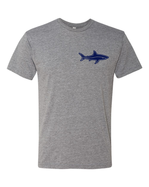 grey t shirt with shark logo on front