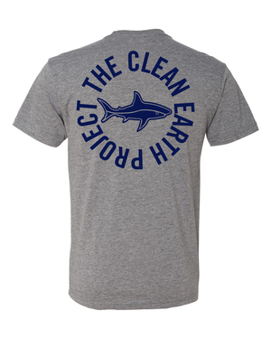 grey t shirt with brand shark logo on back