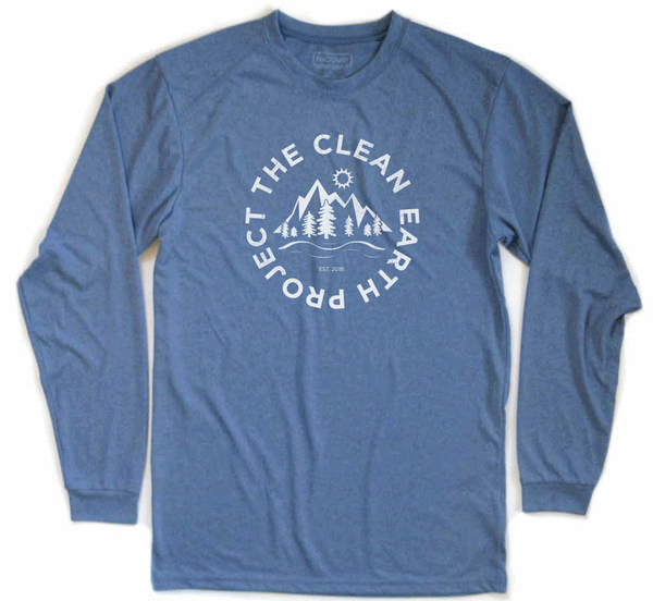 blue long sleeve shirt recycled materials with white logo