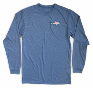 100% Recycled water bottles American Flag Shark Sport Long Sleeve heather blue