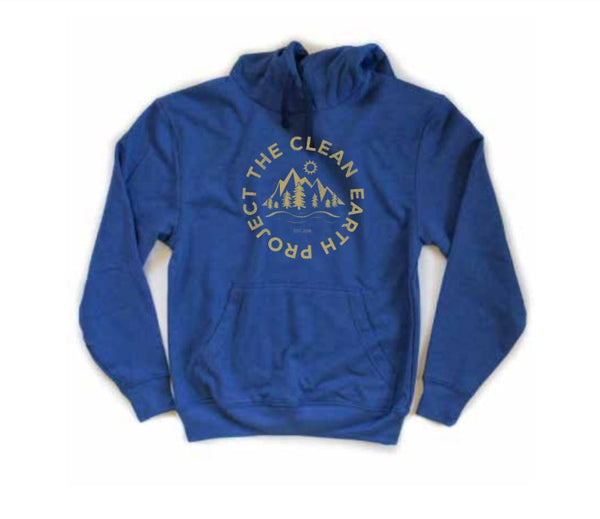 blue hooded sweatshirt with brand logo on front