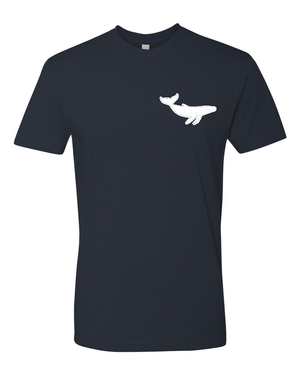 indigo tshirt with white whale on front