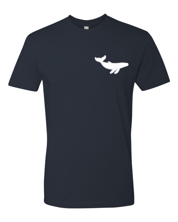 indigo tshirt with white whale on front